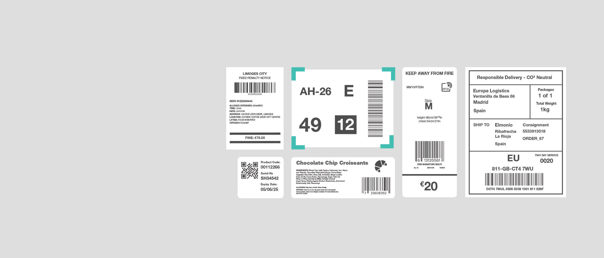 Variété d'étiquettes de codes-barres sur fond gris