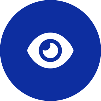 White eye icon on a round dark blue background