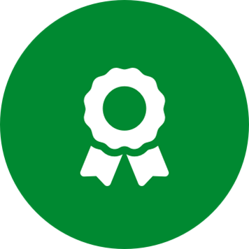 White compliance award icon on a round green background