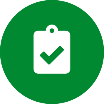 White clipboard check icon on a round green background