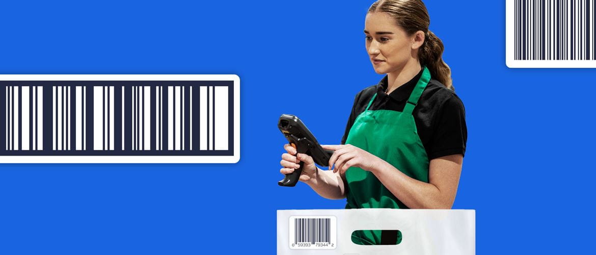 A female supermarket worker wearing a green apron is using a Brother mobile label printer, superimposed on a barcode illustrated blue background