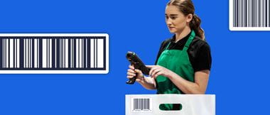 A female supermarket worker wearing a green apron is using a Brother mobile label printer, superimposed on a barcode illustrated blue background
