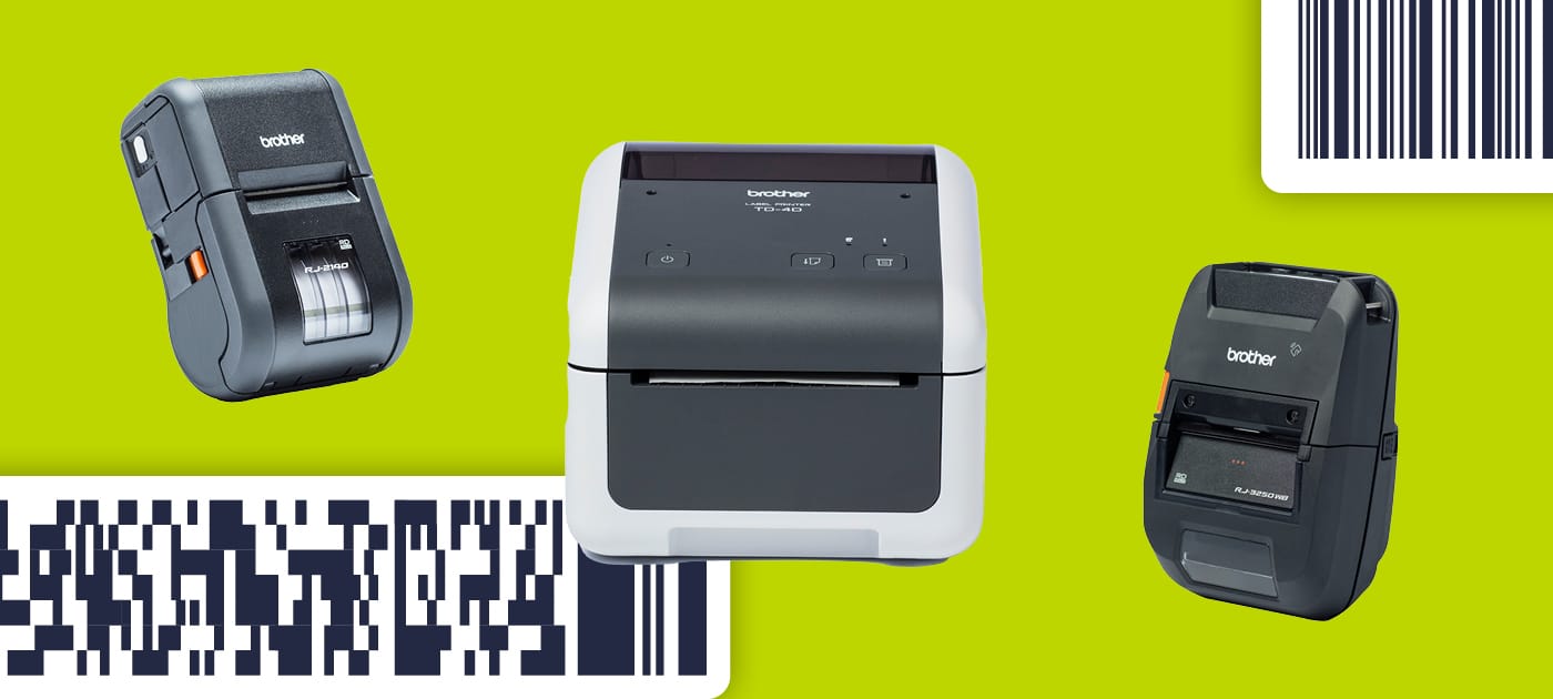 Three Brother label printers superimposed on a barcode illustrated spring green background