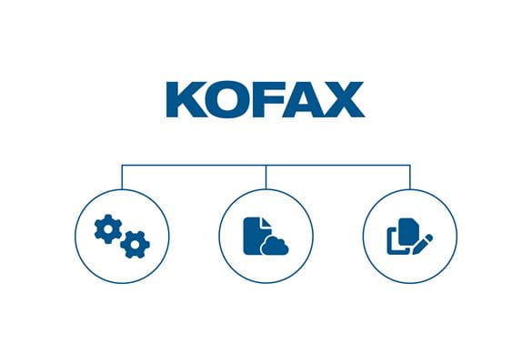 Logo Kofax avec icônes d'imprimante, document et scanner