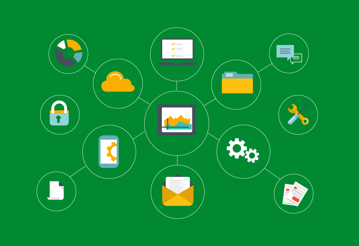 Fond vert avec icônes de cadenas, nuage, ordinateur portable, document, email et paramètres