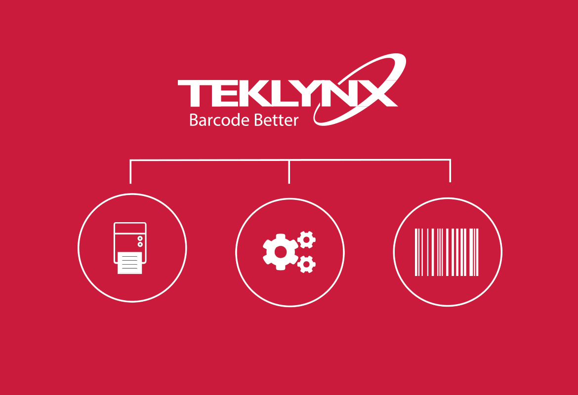 Logo TEKLYNX avec icônes d'imprimante d'étiquettes, roue dentée et code-barres