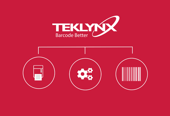 TEKLYNX logo met labelprinter, tandwielen en barcode iconen