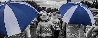 Blue and white umbrellas, back of people walking