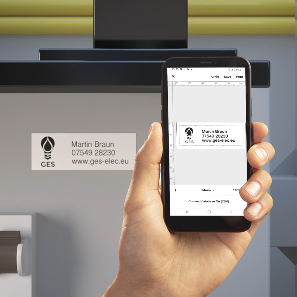 Pro Label Tool app en label met contactgegevens