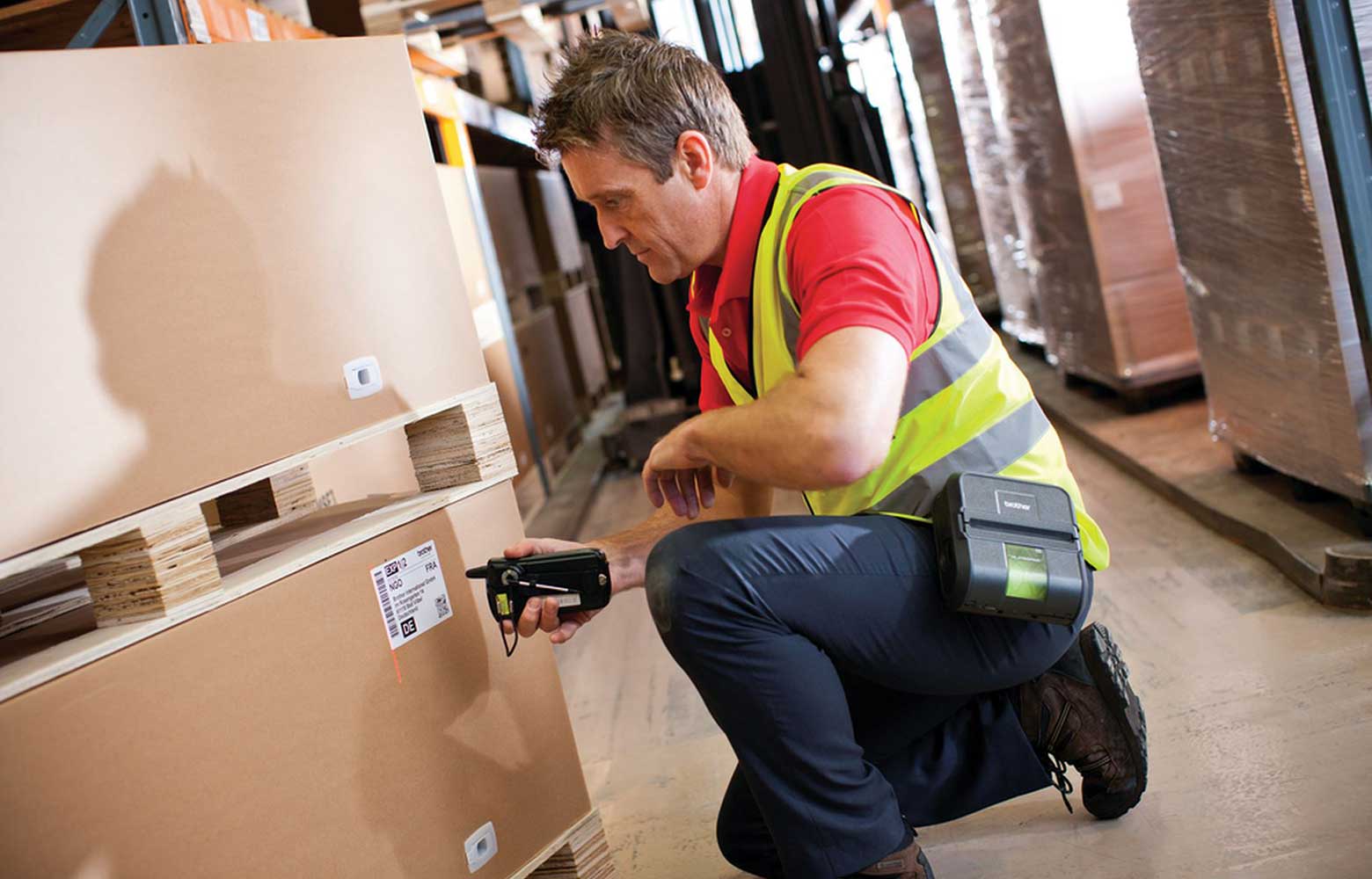 Magazijnmedewerker scant label op een doos met RJ-printer aan riemklem