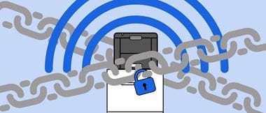 Илюстрация на безжичен принтер за домашна мрежа, заключен и заобиколен от вериги