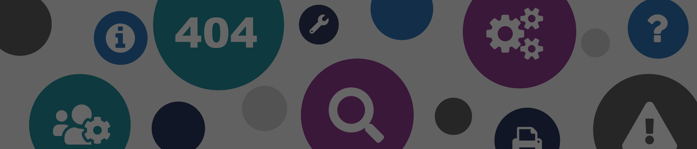 Chyba 404 stránka s ikonami písma, ozubených koliesok, vyhľadávania, informácií a tlačiarne