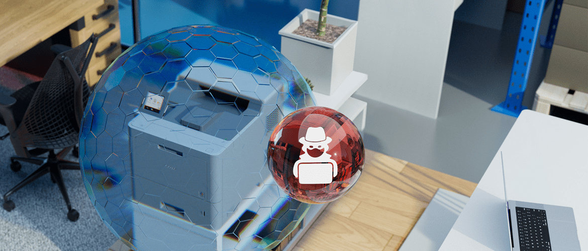 Принтер в офис, заобиколен от силово поле с една кръгла червена икона за сигурност