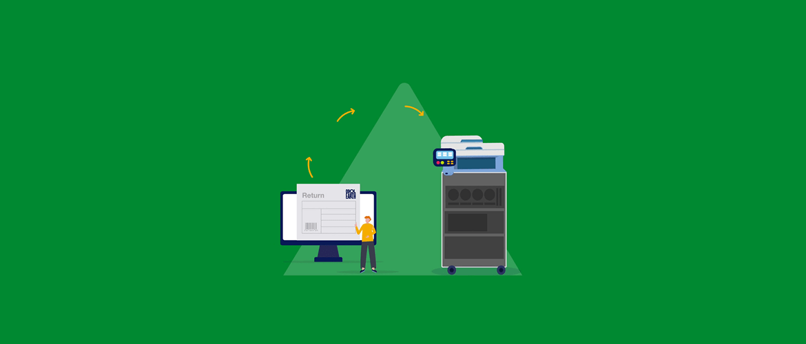 Computer with a recycling label icon connecting to a Brother printer on a green background