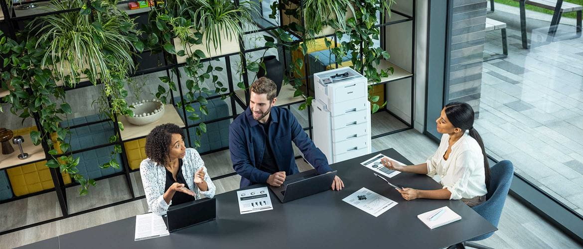Mężczyzna i kobiety siedzą przy szarym biurku, drukarka Brother HL-L6410DN stoi na podajniku wieżowym, dokumenty monochromatyczne, rośliny