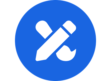Kulaté logo, bílý obrys tužky a štětce na modrém pozadí