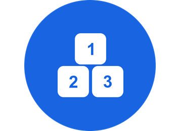 Bijela ikona od 3 kocke 1-2-3 na plavoj pozadini