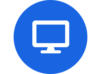 Biała ikona monitora komputera na niebieskim tle