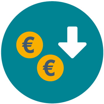 Modrozelený kruh se žlutými ikonami eura s bílou šipkou směřující dolů představující snížení nákladů