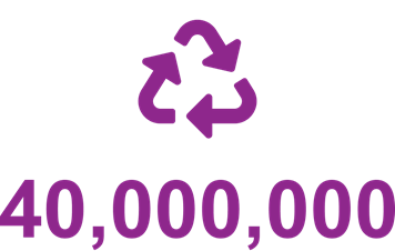 Obrázek recyklace s třemi šipkami a číslem 40 000 000 napsaným v purpurové barvě.