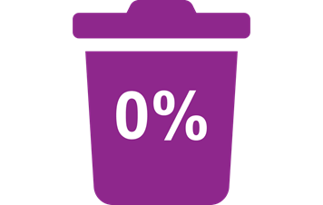 fialová ikona odpadkového koša s číslom 0%, predstavujúca nulový odpad