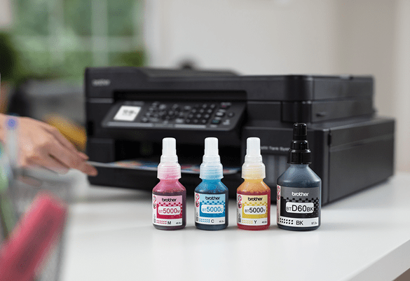 Ink bottles with printer in the back