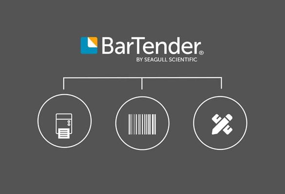 Bel logotip BarTender na sivem ozadju z belimi ikonami tiskalnika nalepk, črtnih kod, svinčnika in ravnila