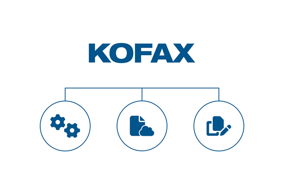 Синьо лого на Kofax на бял фон с икони на зъбни колела, облачна услуга и документ в кръгове