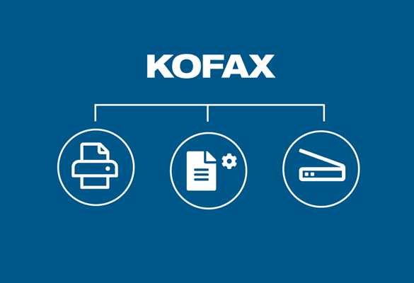 WBeli logotip Kofax na modrem ozadju z ikonami tiskanja, dokumentov in skeniranja v krogih