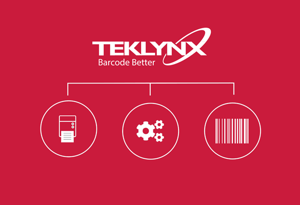 Bílé logo Teklynx na červeném pozadí s ikonou tiskárny, ozubených koleček a čárového kódu.