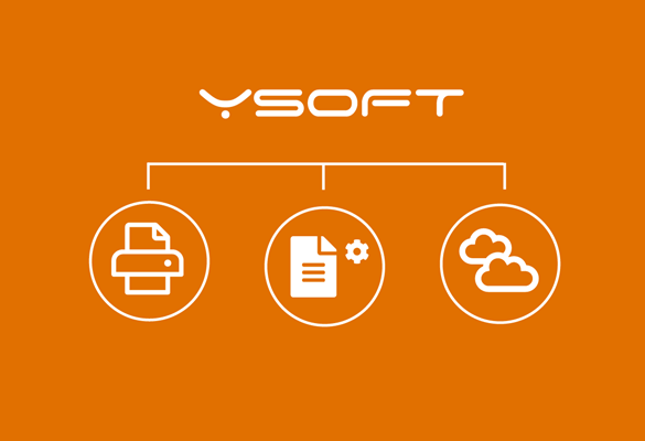 Bijeli logotip YSoft na narančastoj pozadini s bijelim ikonama pisača, dokumenata i oblaka u krugovima 