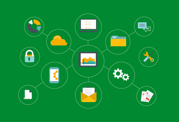 Zeleno ozadje z ikonami ključavnice, oblaka, prenosnika, papirja, e -pošte, nastavitve