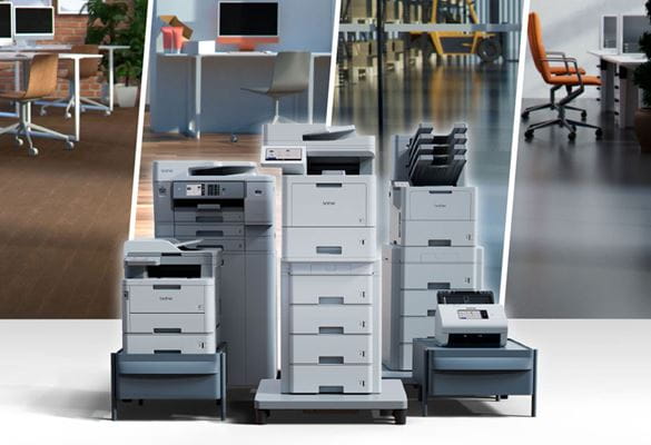 Linija tiskalnikov z ozadji domače in poslovne pisarne 