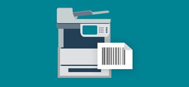 Ikona multifunkční tiskárny se štítkem čárového kódu na šedozeleném pozadí