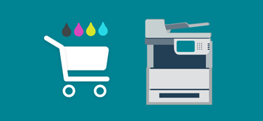 Ikony multifunkční tiskárny, nákupního vozíku a kapek inkoustů na modrém pozadí