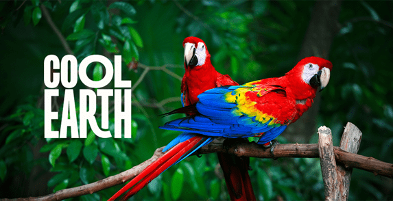 Besede Cool Earth napisane v beli barvi z dvema rdečima papigama in deževnim gozdom v ozadju