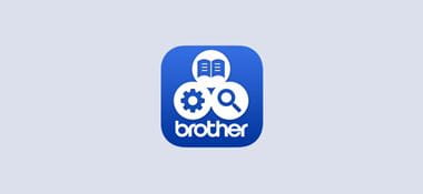 Logo aplikace Brother Support Center v šedém obdélníku