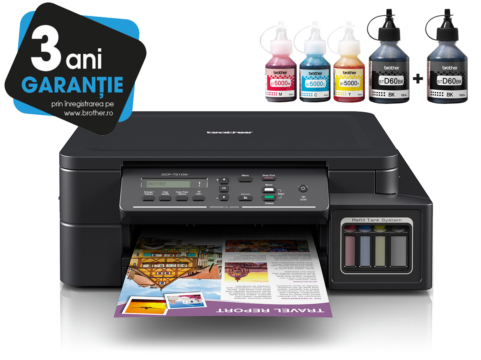 Brother InkBenefit Plus Inkjet Printer DCP-T510W with 3 Years Warranty Logotype and Ink Bottles