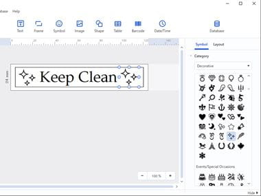 Otvorené okno softvéru P-touch Editor 6.0 s knižnicou symbolov a orámovaní na úpravu štítkov