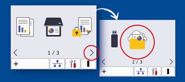  2 obrazy ekranu dotykowego z 3 ikonami po lewej i 2 po prawej z ikoną folderu internetowego w czerwonym kółku