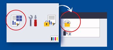  2 obrazy ekranu dotykowego z 3 ikonami po lewej i 2 po prawej z ikoną folderu internetowego w czerwonym kółku