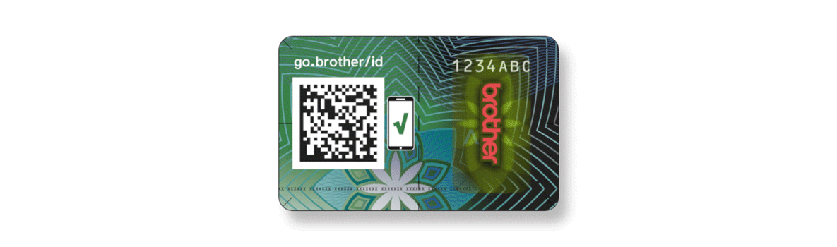 Brother zelený hologram s QR kódem, zeleným zaškrtnutím a logem Brother v červené barvě