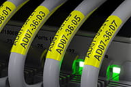 Štítky z Brother TZe-SL651 s černým tiskem na žluté na síťových kabelech