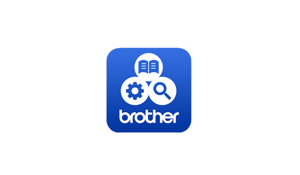 Brother logo s ikonami knihy, ozubeného kolieska a lupy na modrom podklade