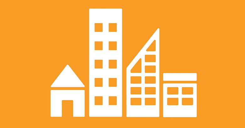 A variety of housing style icons on a pale orange background