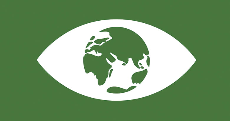 An eye icon with the a globe in the centre on a dark green background