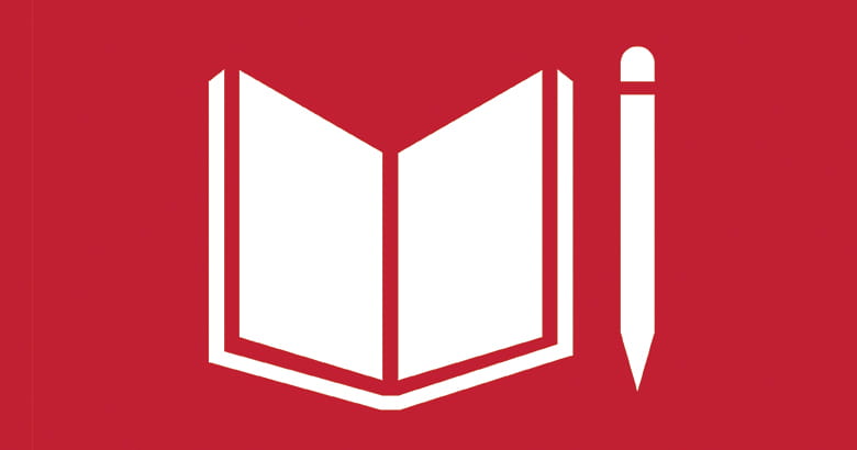 Open book with a pencil icon on a red background