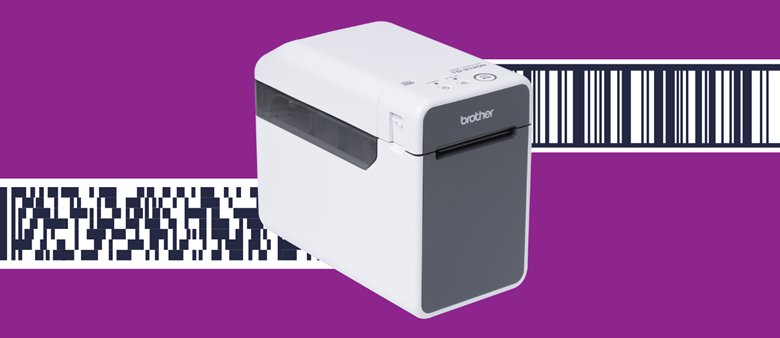Imprimantă Brother de etichete desktop, pe fundal violet
