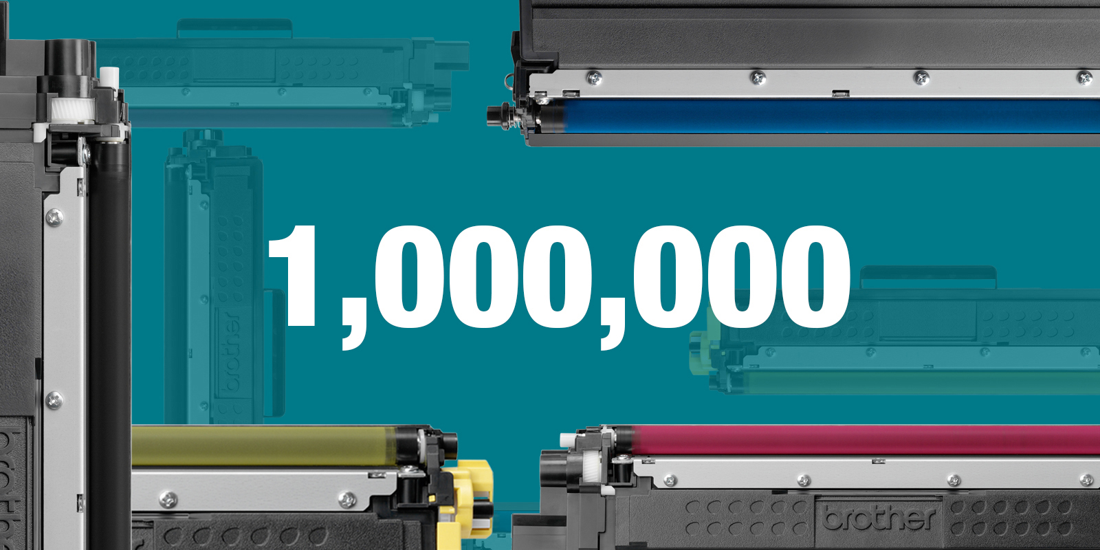 Číslice 1 milion v bílé barvě mezi tonerovými kazetami na tyrkysovém pozadí