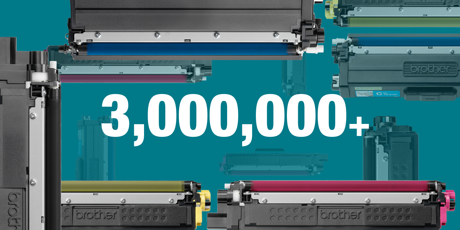Číslice 3 miliony a znak plus v bílé barvě mezi tonerovými kazetami na tyrkysovém pozadí